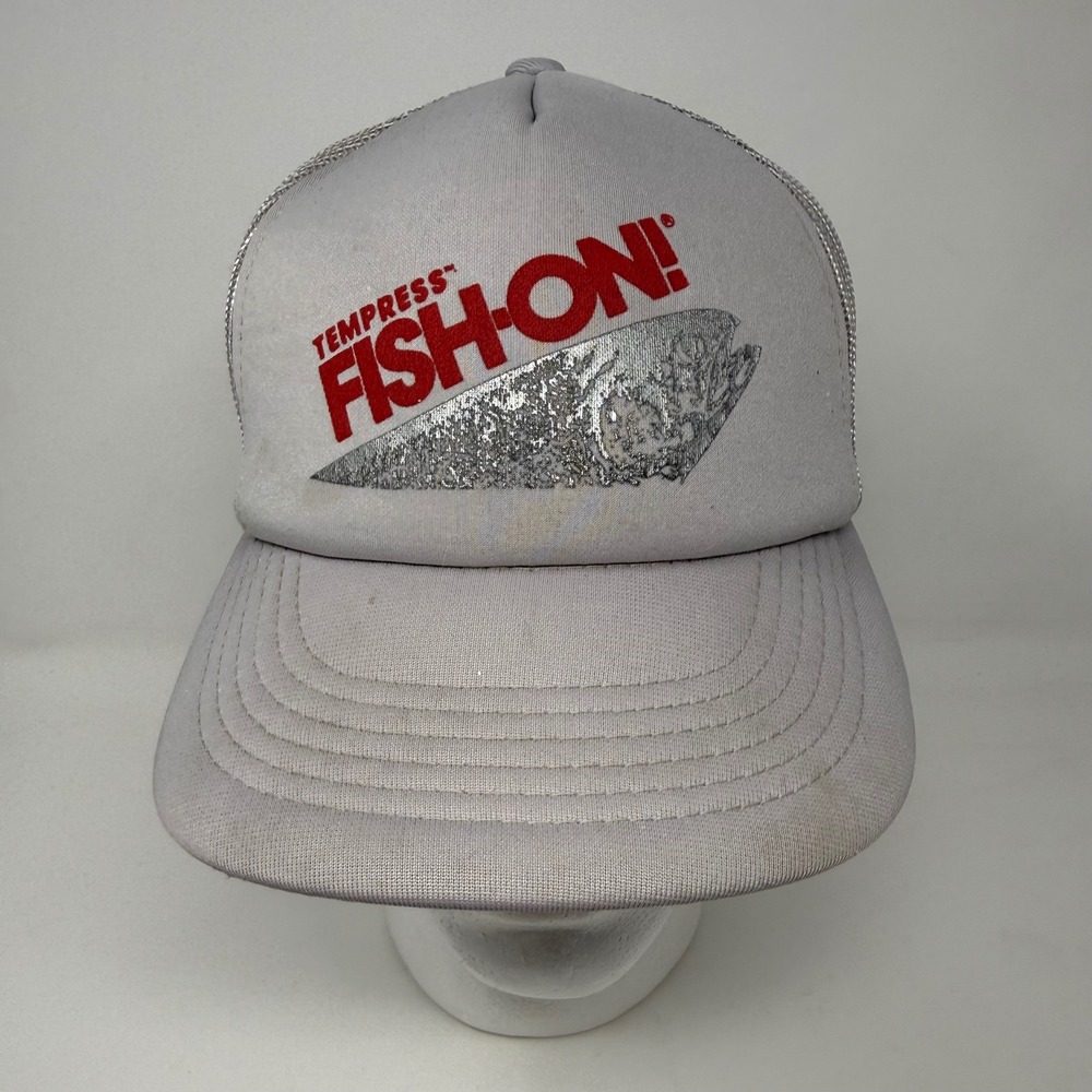 Vintage Tempress Fish-On Trucker‎ Hat Gray 80s Mesh Snapback Cap Distressed
